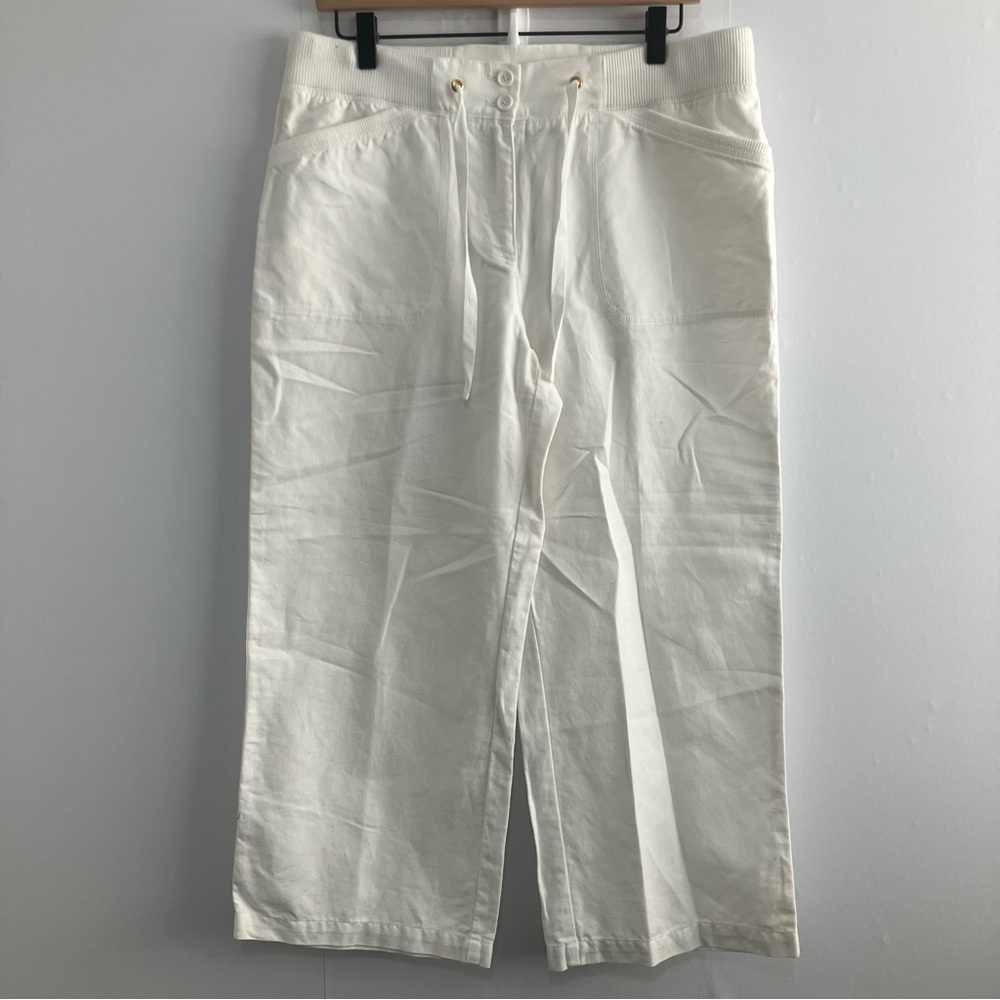 Jones New York Signature White Cropped Linen Wide Leg Pants Size 10